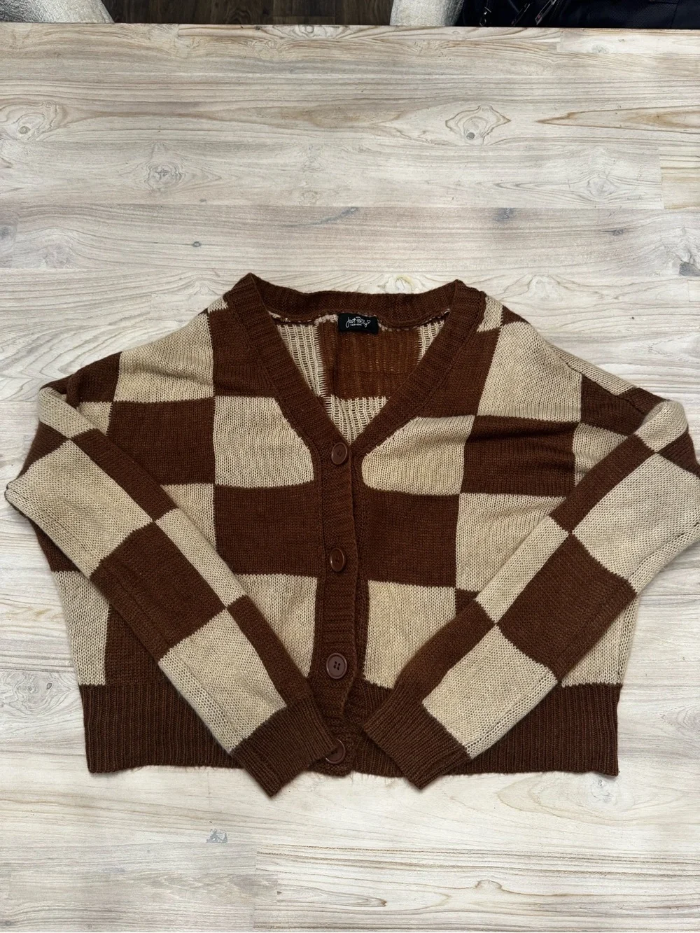 Checkerboard V-Neck Button Cardigan Sweater - Brown & Cream